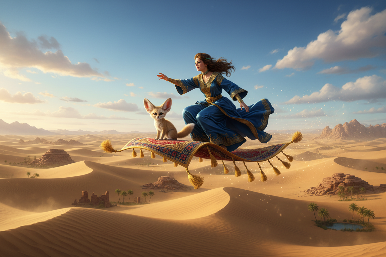 Flying on a carpet with fennek in dessert 