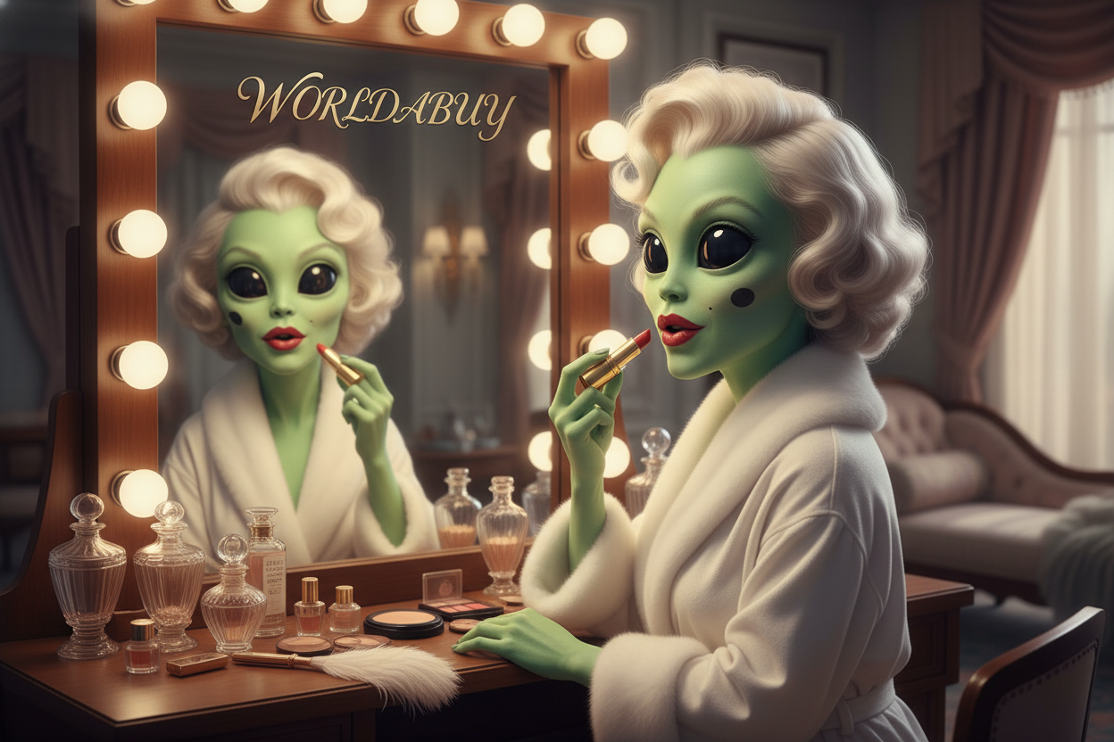 Worldabuy with Alien trying on make up like a Monroe 