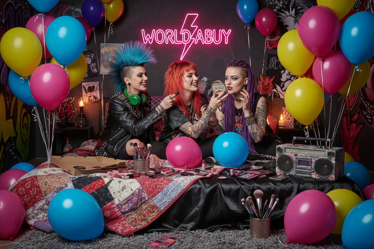Worldabuy with ballons and punk girls trying on make up in bed listening to music